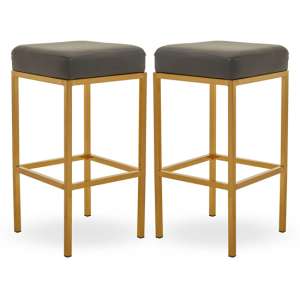 Beon Grey Faux Leather Bar Stools With Gold Base In Pair