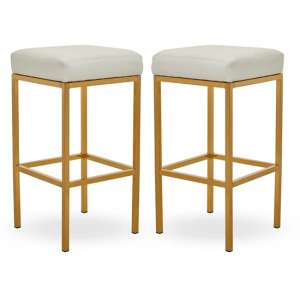 Beon White Faux Leather Bar Stools With Gold Base In Pair