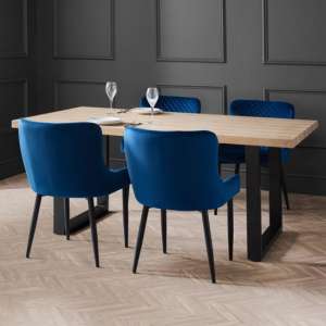 Bacca Oak Dining Table With 4 Lakia Blue Velvet Chairs