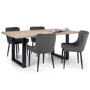 Bacca Oak Dining Table With 4 Lakia Grey Velvet Chairs