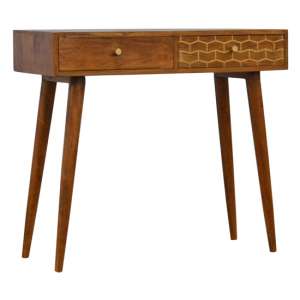 Bethel Wooden Gold Art Pattern Console Table In Chestnut