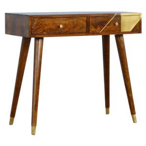 Bethel Wooden Gold Geometric Console Table In Chestnut