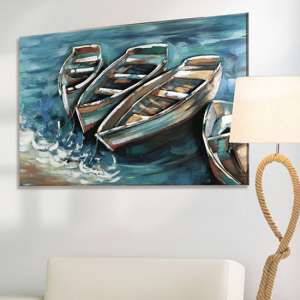 Boat on Shore Picture Metal Wall Art In Blue And Brown