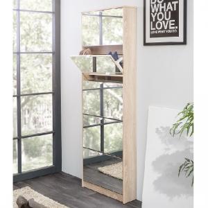 Boddem Mirrored Shoe Cabinet In Sonoma Oak With 5 Flap Doors