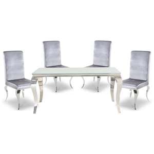 Bolero White Glass Rectangular Dining Table With 4 Silver Chairs