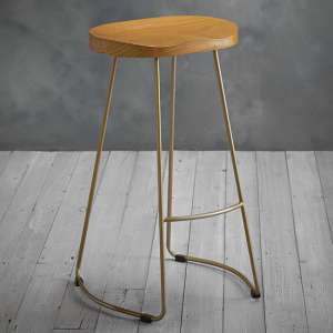 Bolney Pine Wooden Bar Stool With Gold Metal Legs