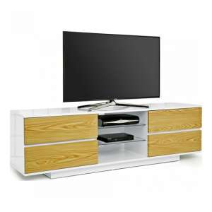 Boone TV Stand In White High Gloss With Oak Gloss Drawers