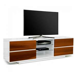 Boone TV Stand In White High Gloss With Walnut Gloss Drawers