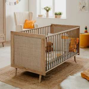 Borox Wooden Baby Cot In Sonoma Oak And Cane