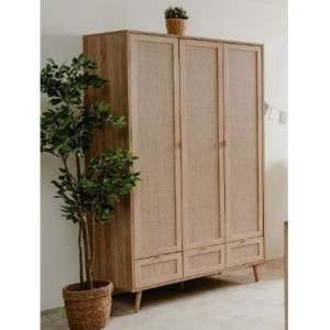 Borox Wooden Wardrobe With 3 Doors In Sonoma Oak And Cane