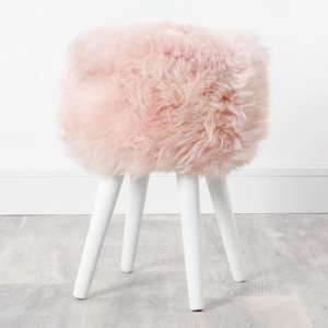 Bovril Sheepskin Stool In Blush Pink With White Wooden Legs