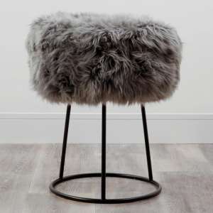 Bovril Sheepskin Stool In Grey With Black Metal Legs