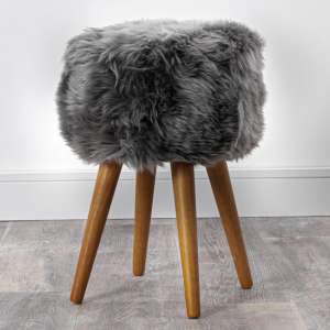 Bovril Sheepskin Stool In Grey With Oak Wooden Legs