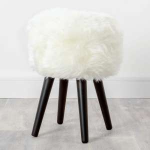 Bovril Sheepskin Stool In Natural White With Black Wooden Legs