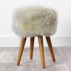 Bovril Sheepskin Stool In Natural White With Oak Wooden Legs