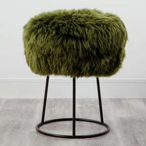 Bovril Sheepskin Stool In Olive Green With Black Metal Legs