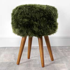 Bovril Sheepskin Stool In Olive Green With Oak Wooden Legs