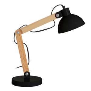 Bowin Black Metal Table Lamp With Natural Wooden Stalk