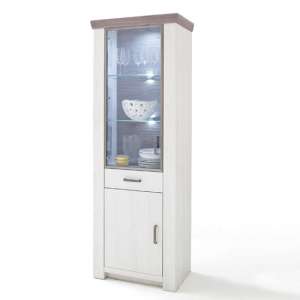 Bozen LED 2 Door Display Cabinet In Pine And White With 1 Drawer