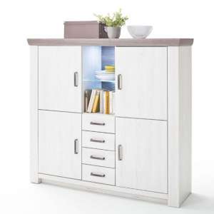 Bozen LED Highboard In Pine And White With 4 Doors 4 Drawers