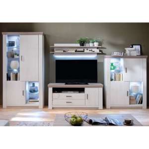 Bozen LED Living Room Set In Pine And White With Display Cabinet