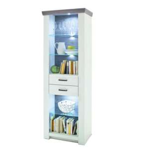 Bozen LED Wooden Display Cabinet In Pine And White With 2 Drawer