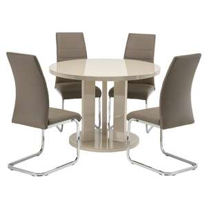 Brambee Glass Latte High Gloss Dining Table 4 Sako Taupe Chairs