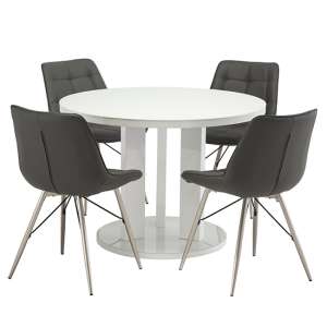 Brambee Glass White Dining Table 4 Serbia Grey Leather Chairs