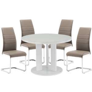 Brambee White Gloss Glass Dining Table And 4 Sako Taupe Chairs