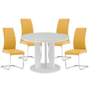 Brambee White Gloss Glass Dining Table And 4 Sako Yellow Chairs