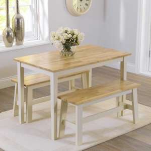 Ankila 115cm Wooden Dining Table With 2 Bench In Oak And Cream
