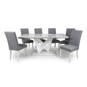 Somra Large Gloss Dining Table With 6 Linen Silver Grey Chairs