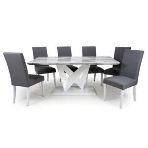 Somra Large Gloss Dining Table With 6 Linen Steel Grey Chairs