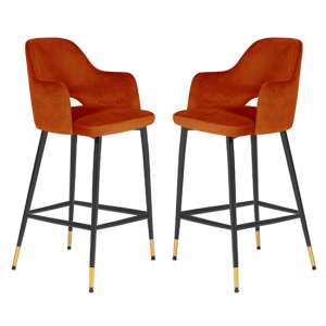 Brietta Rust Velvet Bar Chairs With Black Legs In Pair