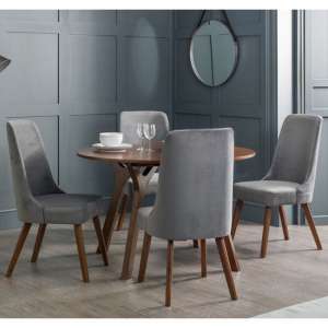 Hafsa Wooden Dining Table Round In Walnut With 4 Grey Chairs