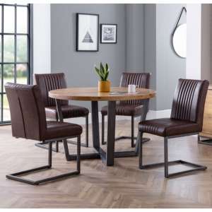 Barras Wooden Dining Set With 4 Brown Leather Chairs