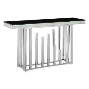 Bualy Glass Console Table In Black With Metallic Base