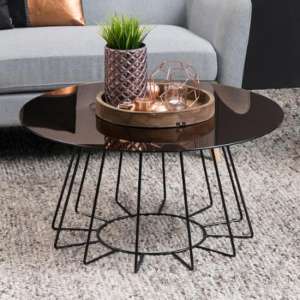 Cabazon Round Glass Coffee Table In Bronze With Black Base