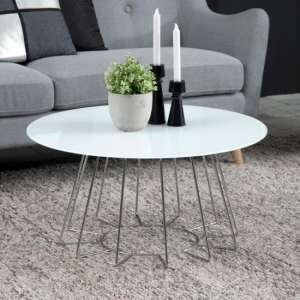 Cabazon Round Glass Coffee Table In White With Chrome Base