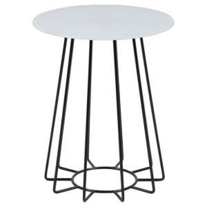 Cabazon Round Glass Side Table In White With Black Base