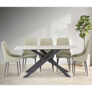 Caelan 200cm Kass Gold Marble Dining Table 6 Cajsa Olive Chairs