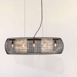 Cage Oval 5 Pendant Light In Black With Crystal Glass Panels