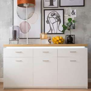 Cali LED 3 Doors Sideboard In Oak And White With 3 Drawers
