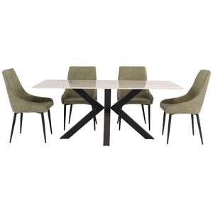 Callie 180cm Kass Gold Marble Dining Table 6 Cajsa Olive Chairs