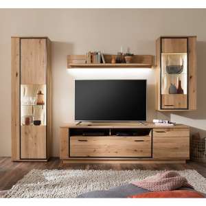 Campinas LED Living Room Set In Knotty Oak With Wall Shelf