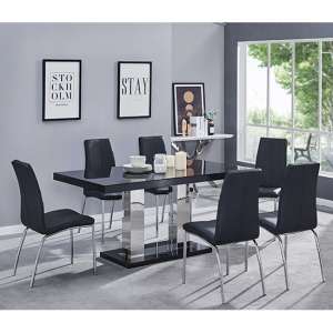 Candice Dining Table In Black Gloss With 6 Grey Opal Chairs