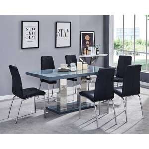 Candice Dining Table In Grey Gloss With 6 Black Opal Chairs