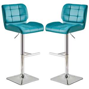 Candid Teal Faux Leather Bar Stools With Chrome Base In Pair