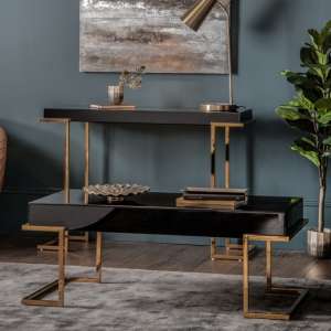 Canela Mirrored Coffee Table In Black With Gold Metal Legs