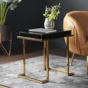 Canela Mirrored Side Table In Black With Gold Metal Legs